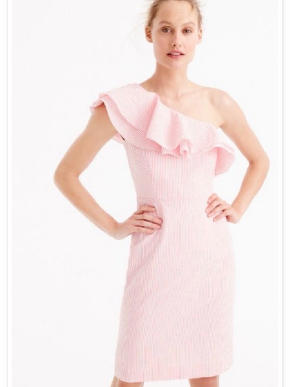 J. Crew One-Shoulder Ruffle Midi Dress in Light Pink